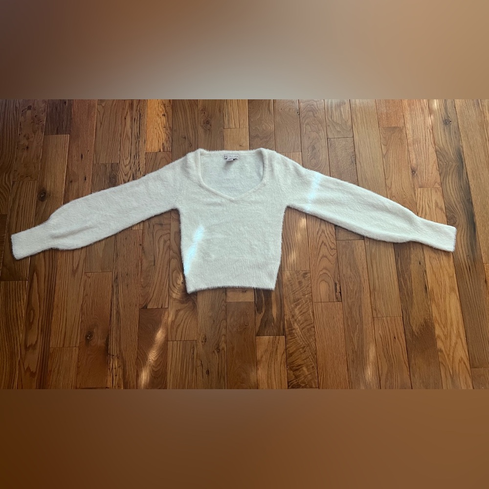 Fuzzy White V-Neck Sweater
